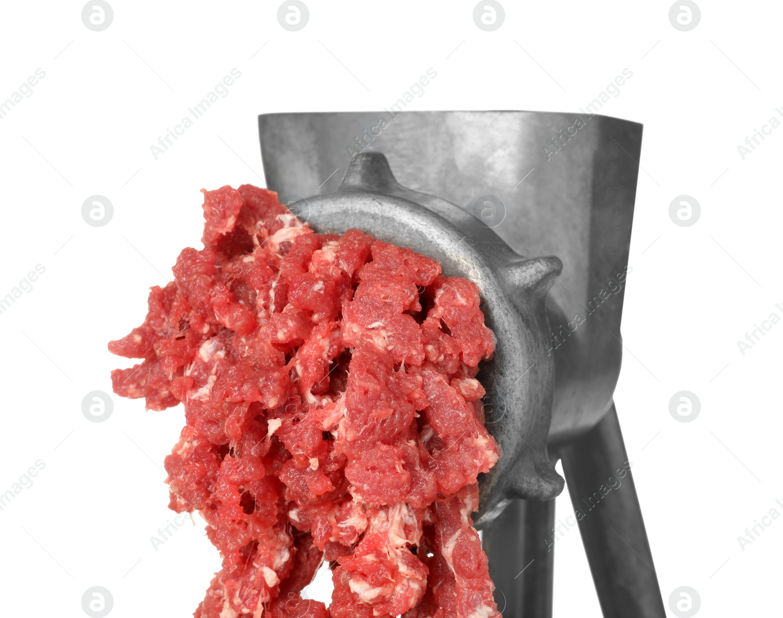 Photo of Metal meat grinder with minced beef isolated on white