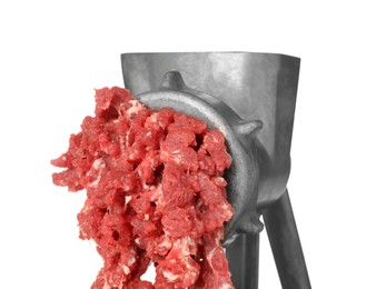 Photo of Metal meat grinder with minced beef isolated on white