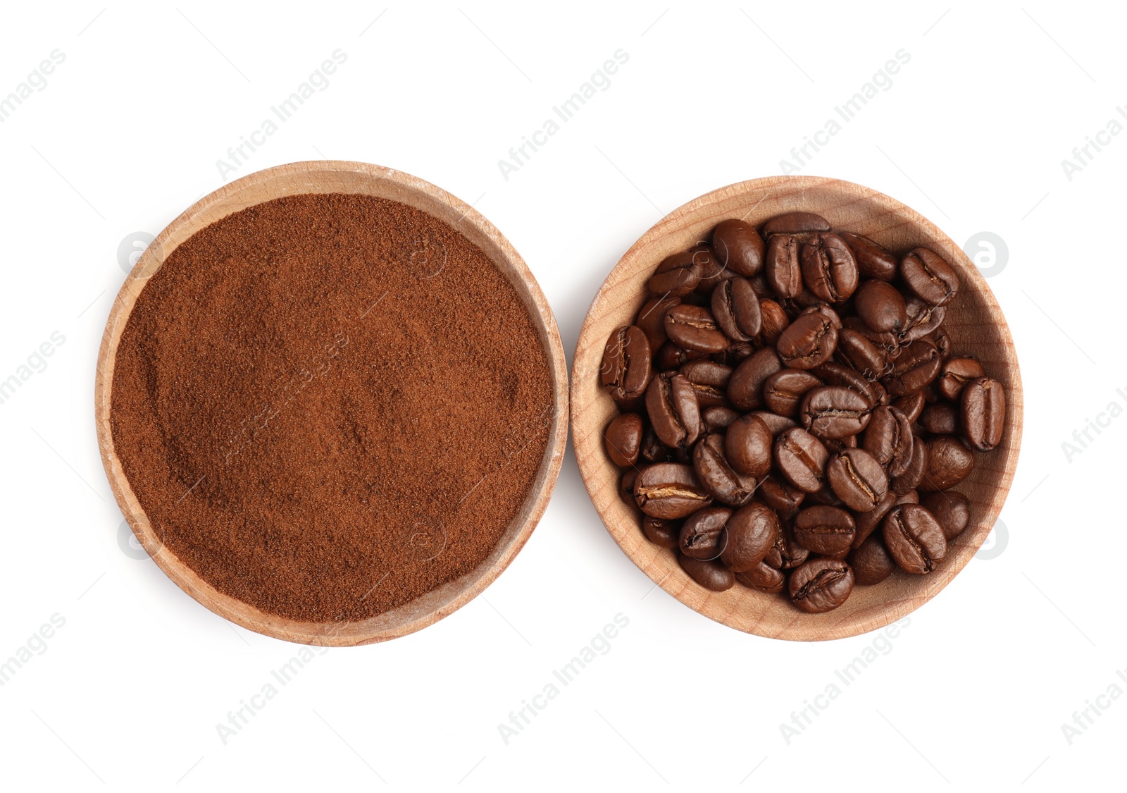 Photo of Bowls of ground coffee and beans on white background, top view