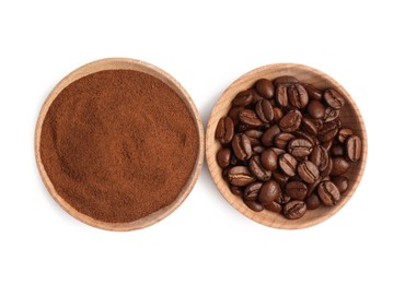 Bowls of ground coffee and beans on white background, top view