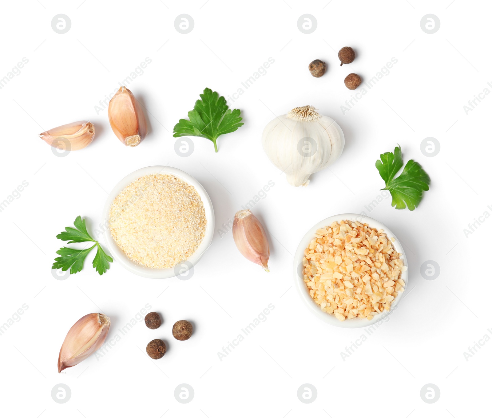 Photo of Composition with different dried garlic on white background