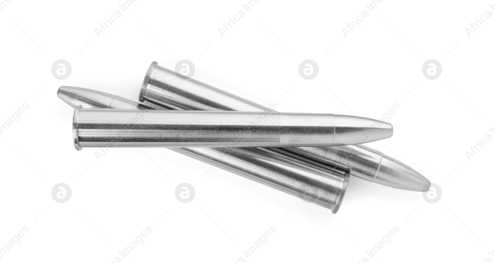 Photo of Metal bullets isolated on white, top view. Military ammunition