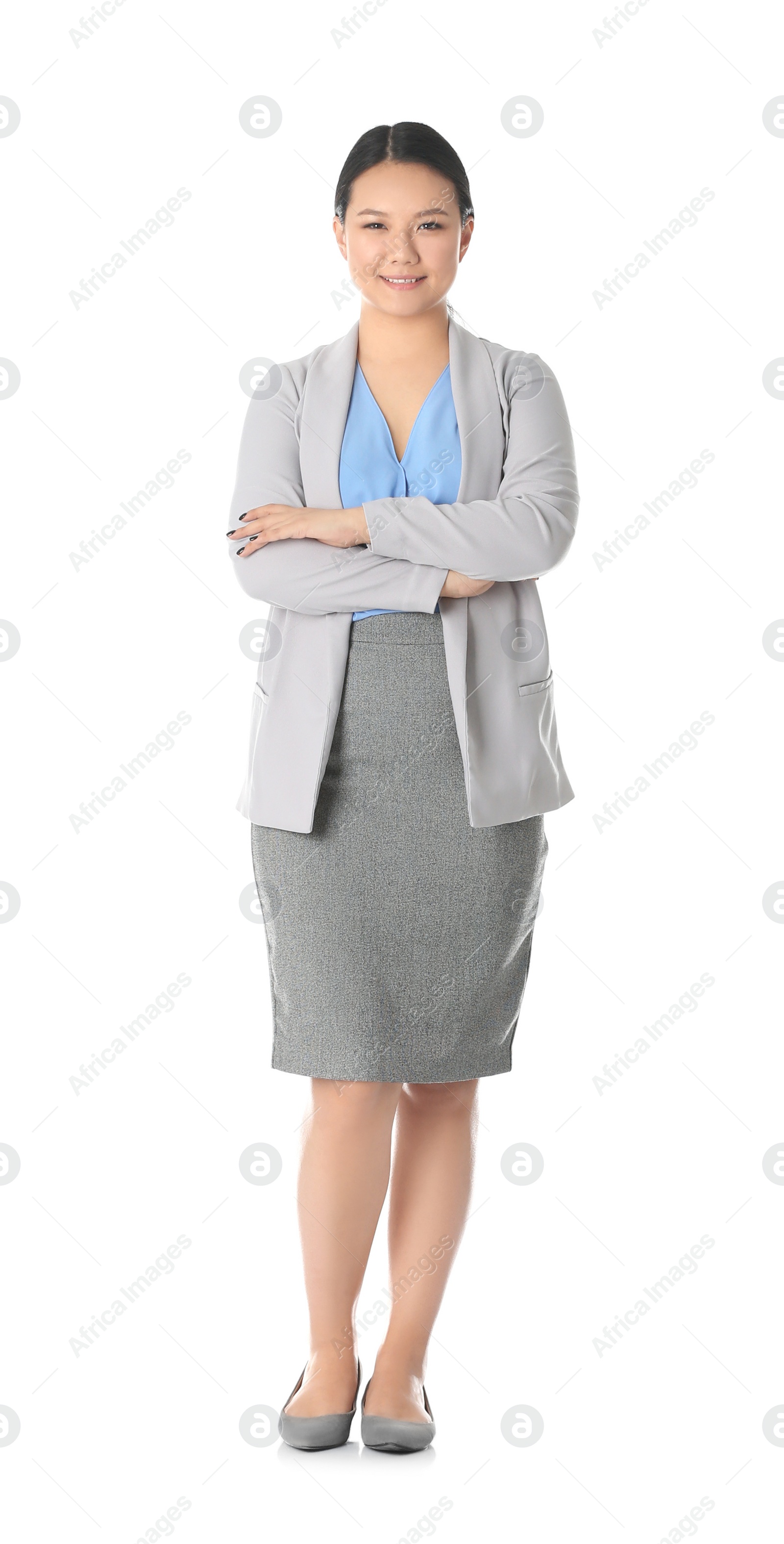 Photo of Successful business trainer with crossed arms on white background