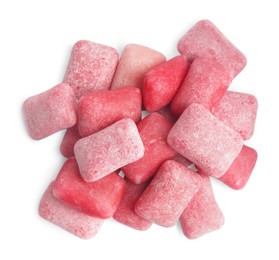 Photo of Heap of tasty sweet chewing gums on white background, top view