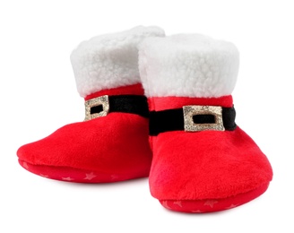 Photo of Cute small booties on white background. Christmas baby clothes