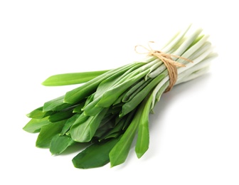 Photo of Bunch of wild garlic or ramson isolated on white