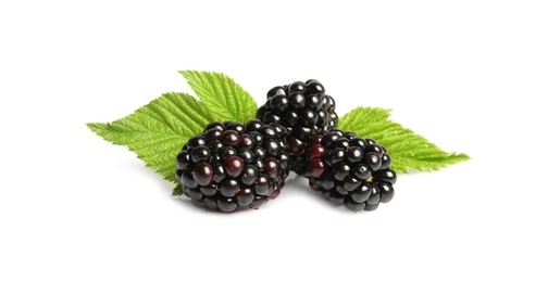 Tasty ripe blackberries and green leaves isolated on white