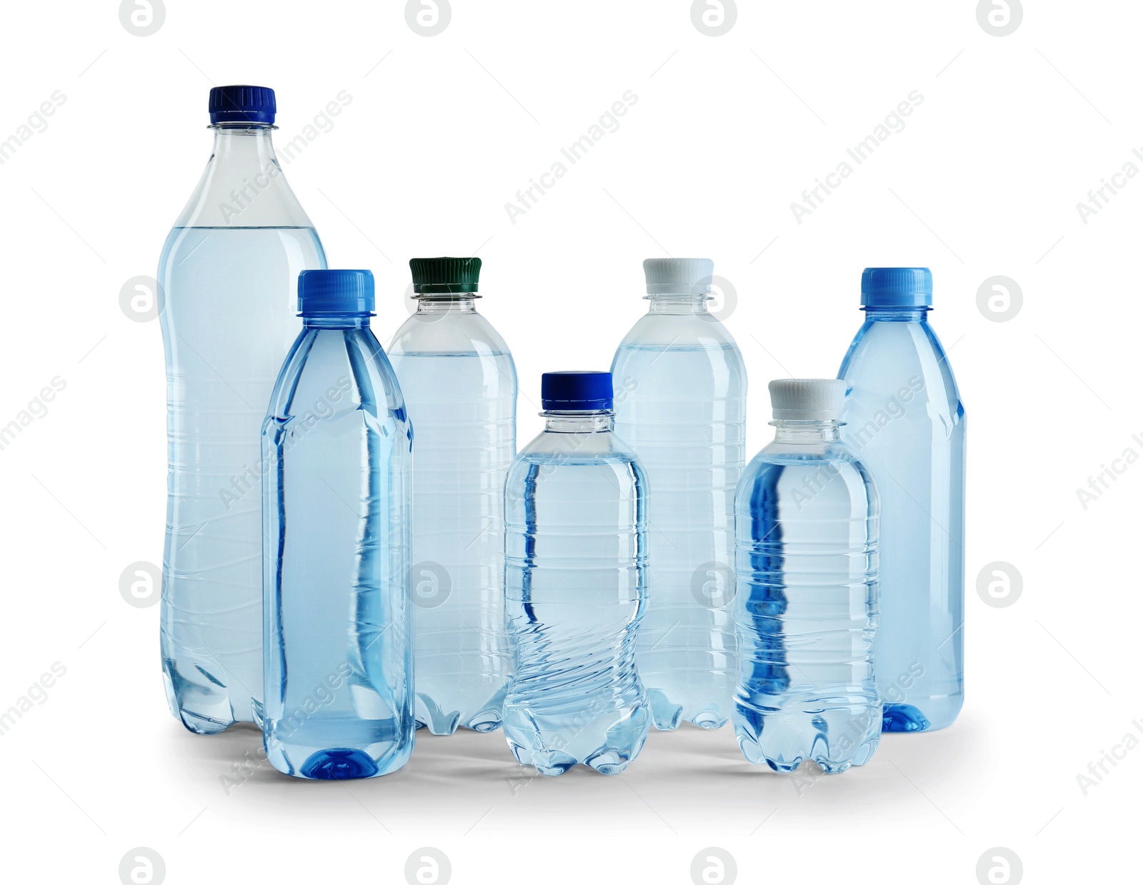 Photo of Set of different plastic bottles with water on white background