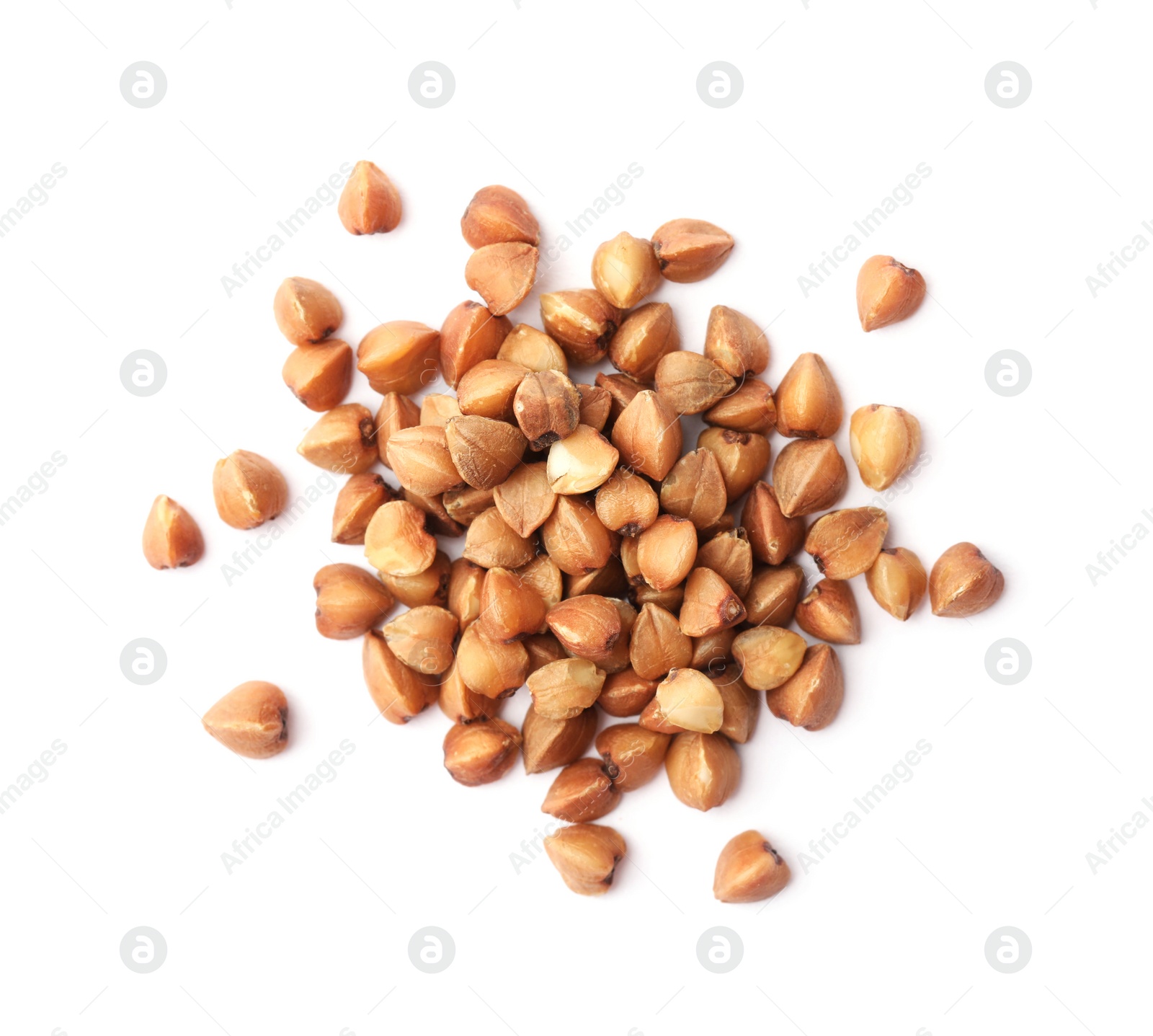 Photo of Pile of buckwheat grains isolated on white, top view. Organic cereal