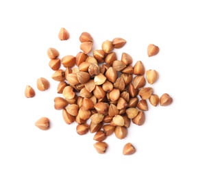 Pile of buckwheat grains isolated on white, top view. Organic cereal