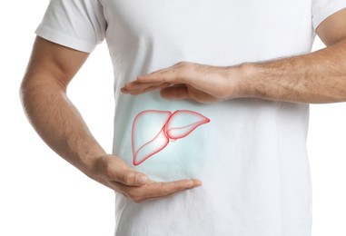 Image of Man and illustration of liver on white background, closeup