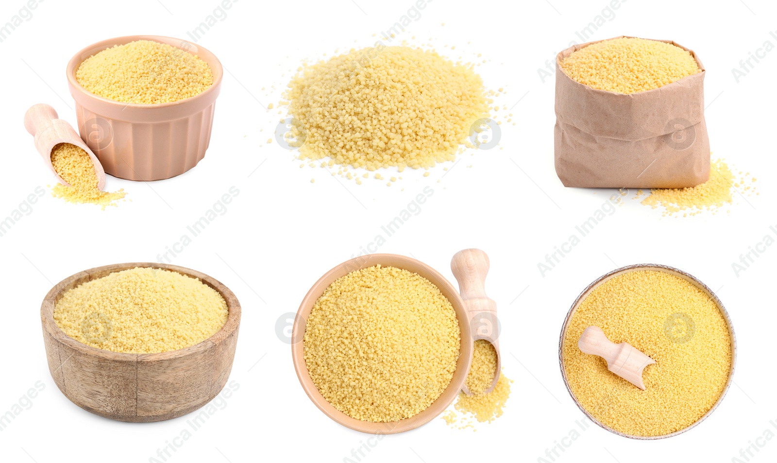 Image of Raw dry couscous isolated on white, set