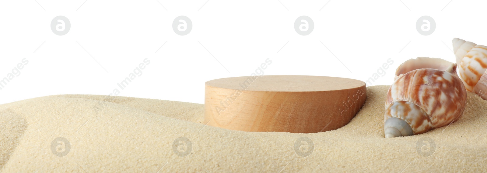 Photo of Presentation of product. Wooden podium on sand and seashells against white background. Space for text