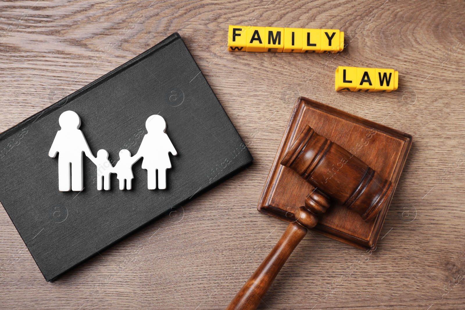 Image of Family law concept. Flat lay composition with judge gavel on wooden background