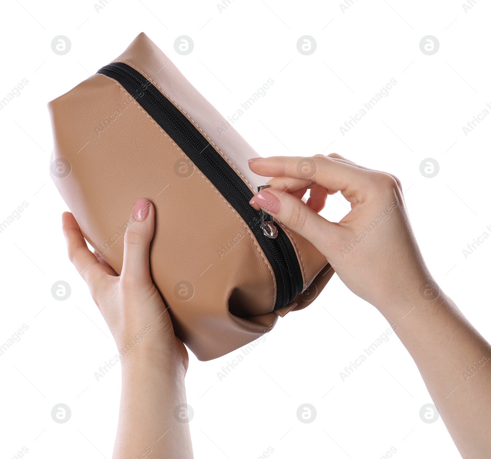 Photo of Woman with cosmetic bag isolated on white, closeup