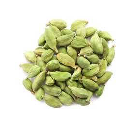 Photo of Pile of dry cardamom seeds on white background, top view