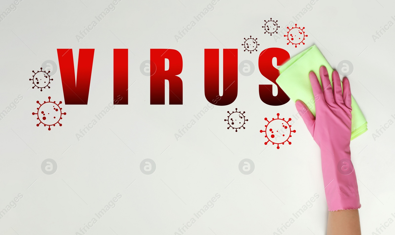 Image of Cleaning vs viruses. Woman washing surface with rag and disinfecting solution