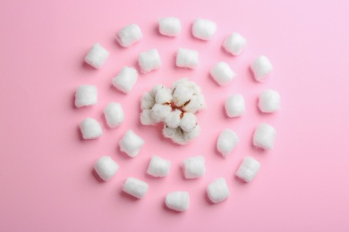 Flat lay composition with cotton balls and flowers on pink background