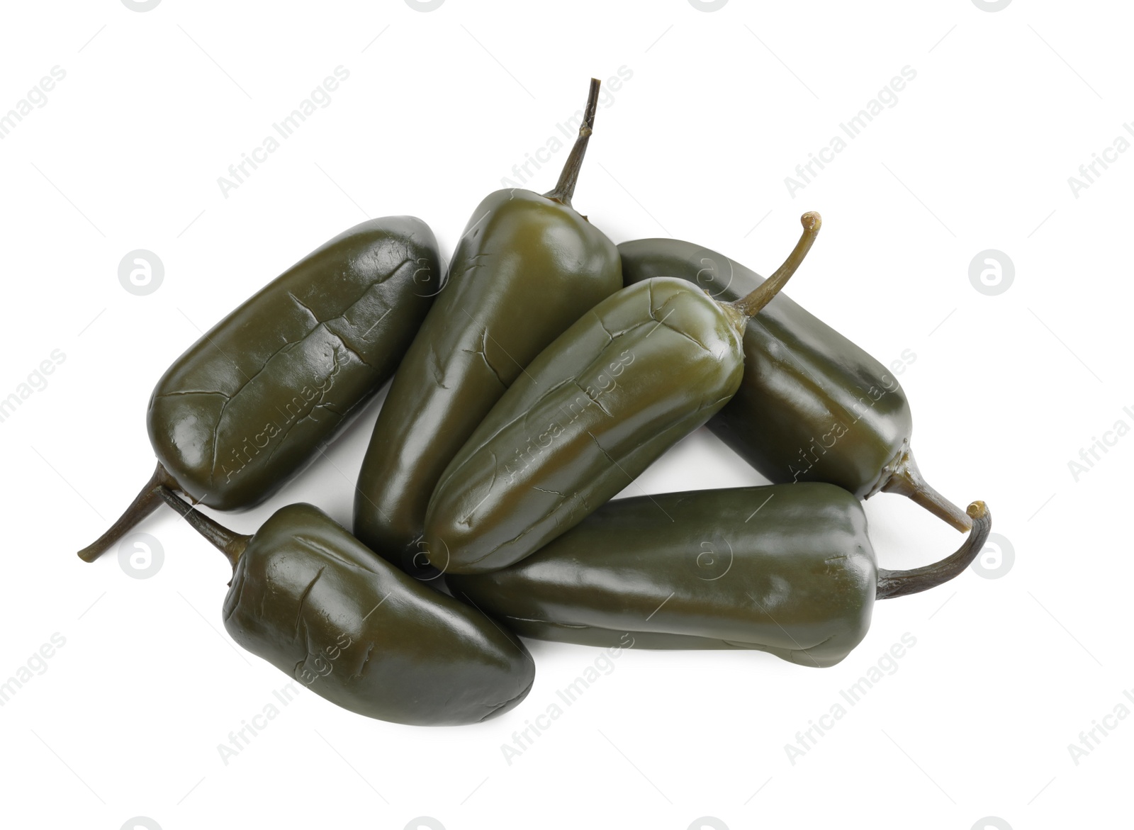 Photo of Pickled green jalapeno peppers on white background, top view