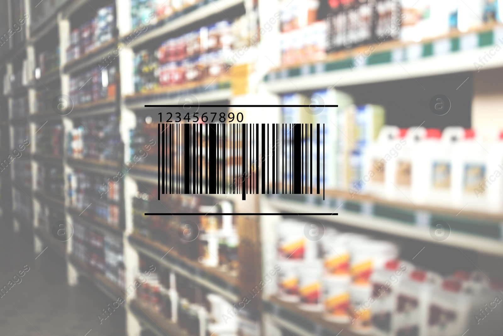 Image of Barcode and blurred view of modern wholesale warehouse