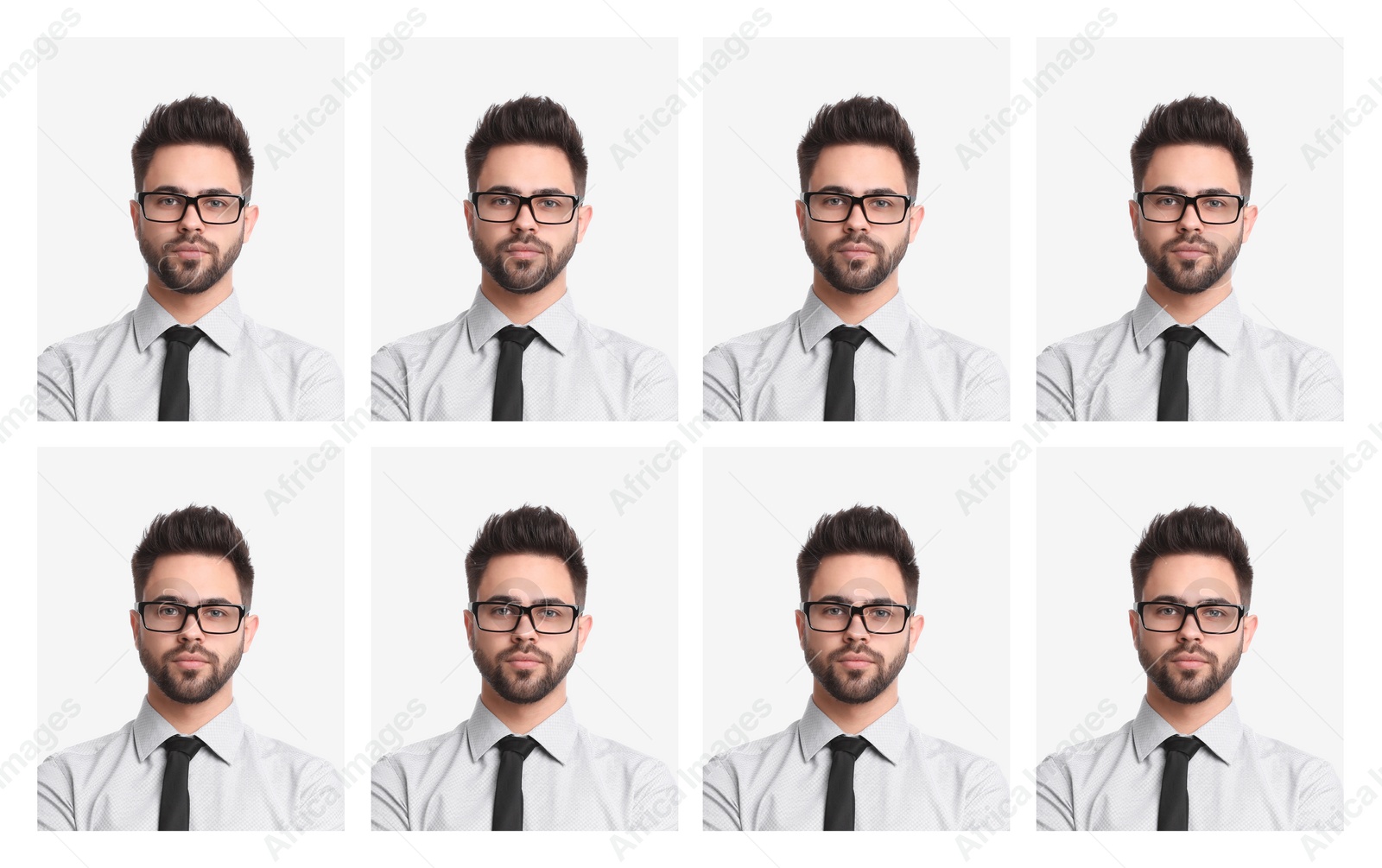 Image of Passport photo, collage. Man on white background, set of photos