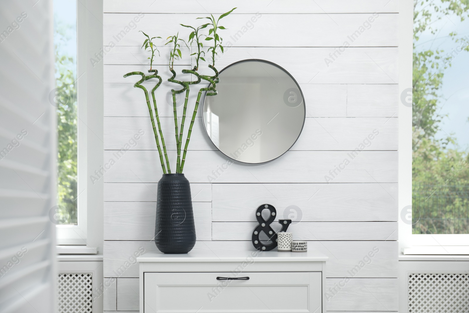 Photo of Vase with Lucky bamboo on chest of drawers in room. Stylish interior