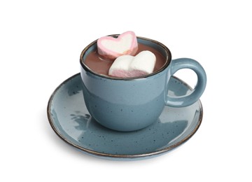 Cup of delicious hot chocolate with marshmallows isolated on white