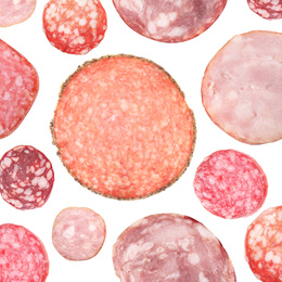 Image of Set of tasty sliced sausage on white background, top view