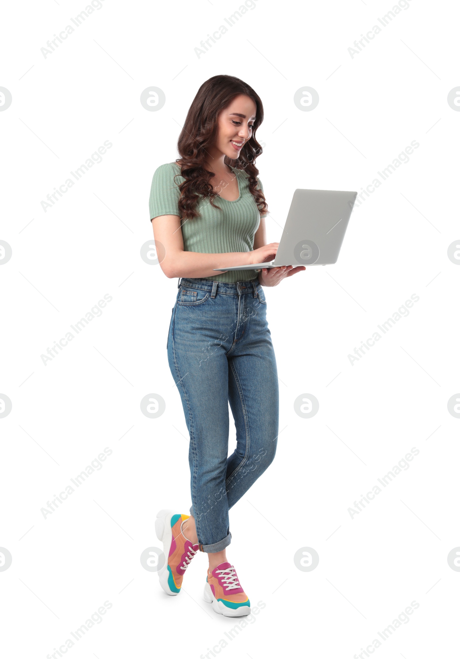 Photo of Young woman with laptop on white background