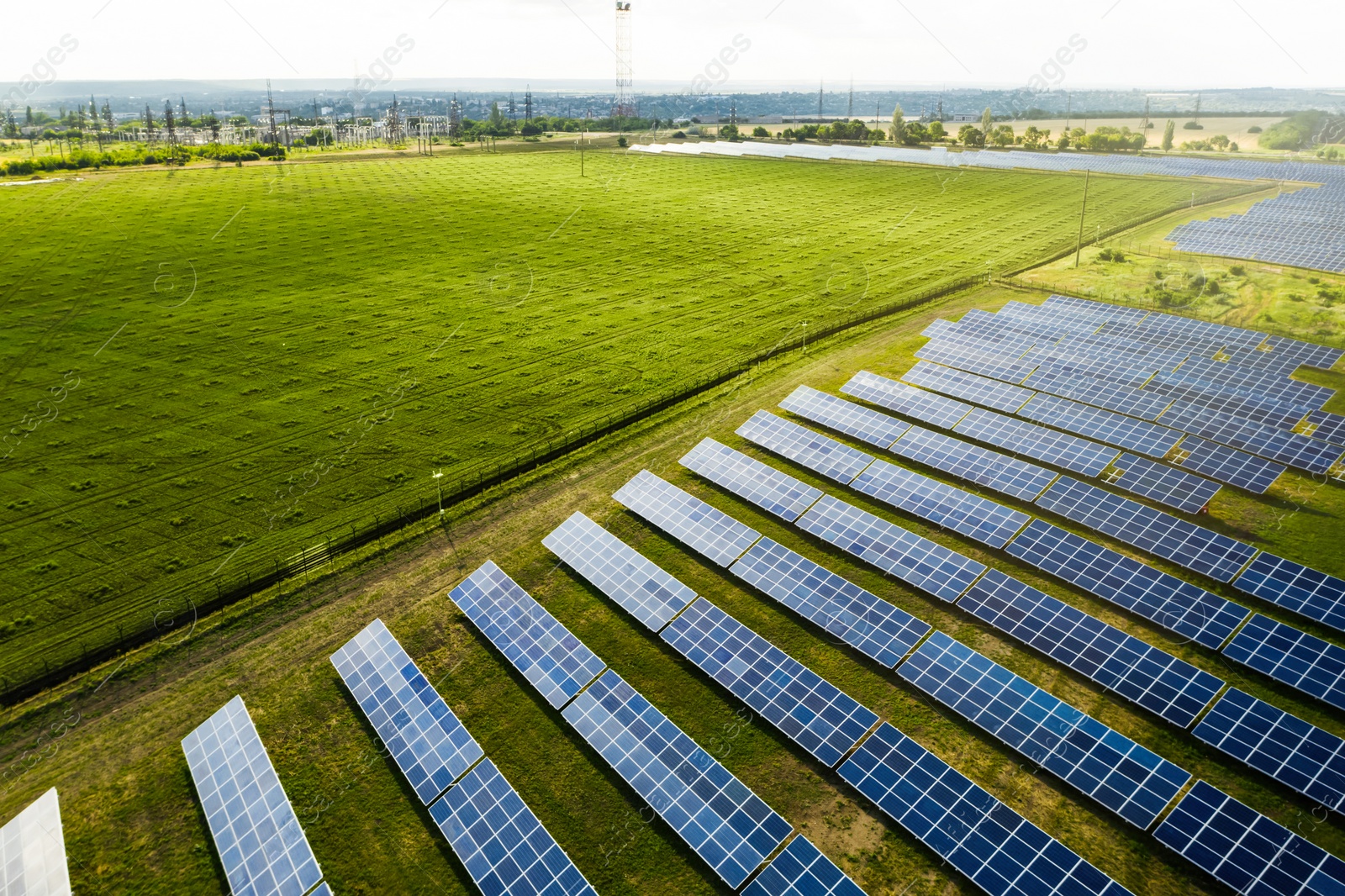 Image of Solar panels installed outdoors. Alternative energy source