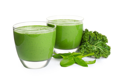 Photo of Tasty fresh kale smoothie with spinach isolated on white