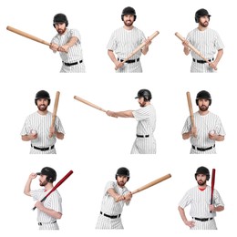 Baseball player with bat on white background, set of photos