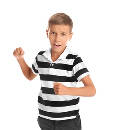 Photo of Adorable little boy in casual clothes on white background