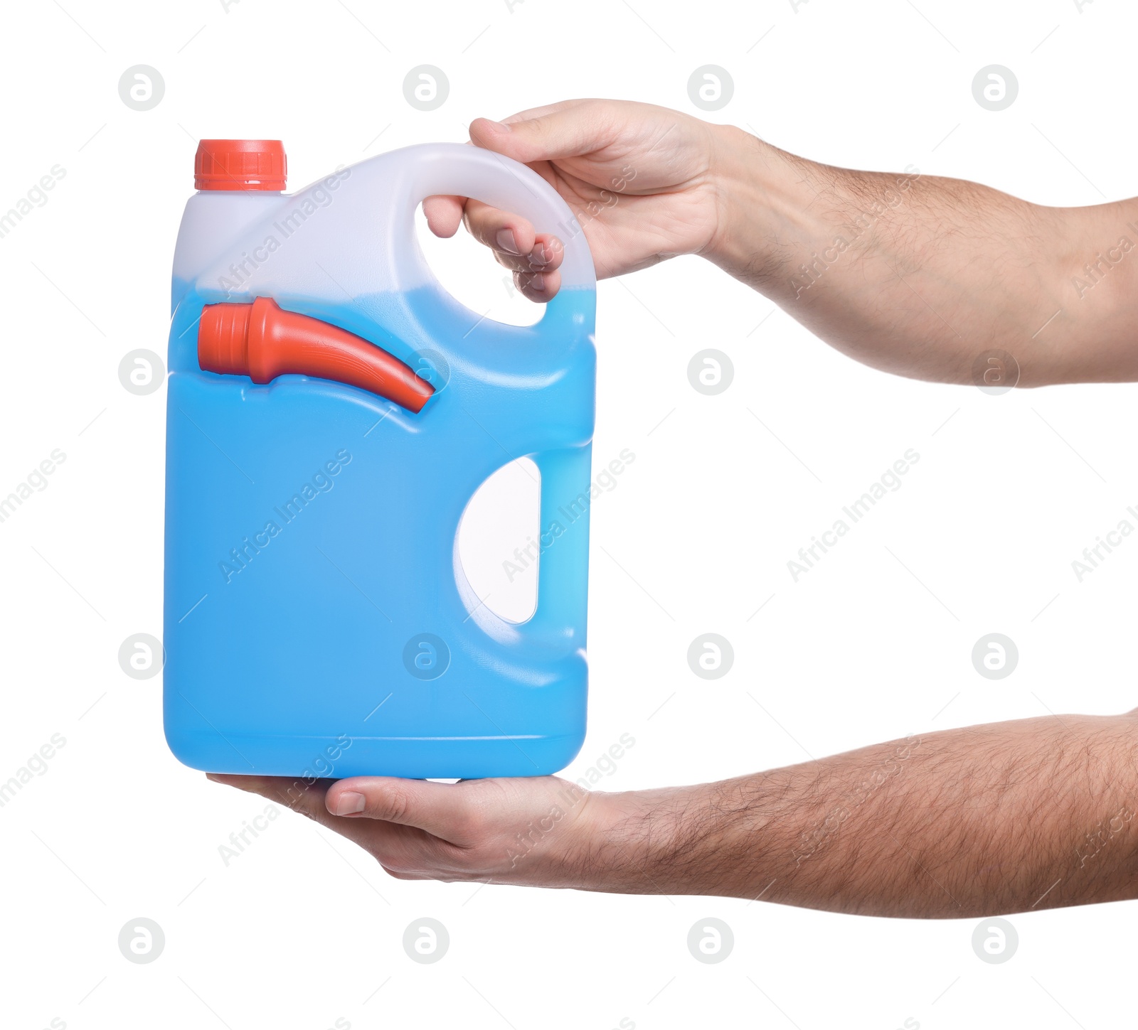 Photo of Man holding canister with blue liquid on white background, closeup