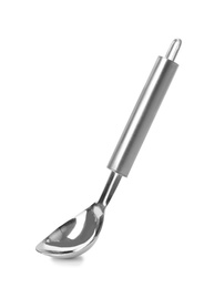 Photo of Stainless steel spoon on white background. Kitchen utensils