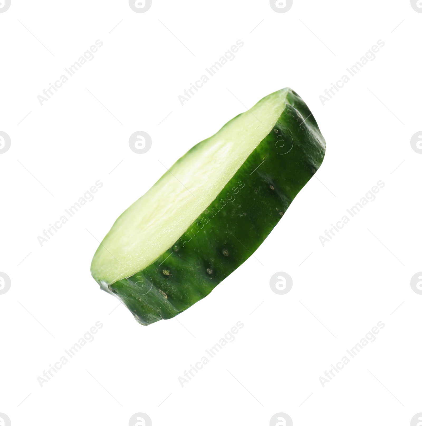 Photo of Slice of fresh cucumber on white background