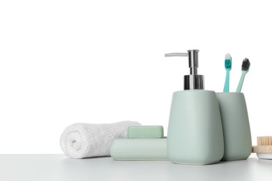 Bath accessories. Different personal care products on table against white background. Space for text