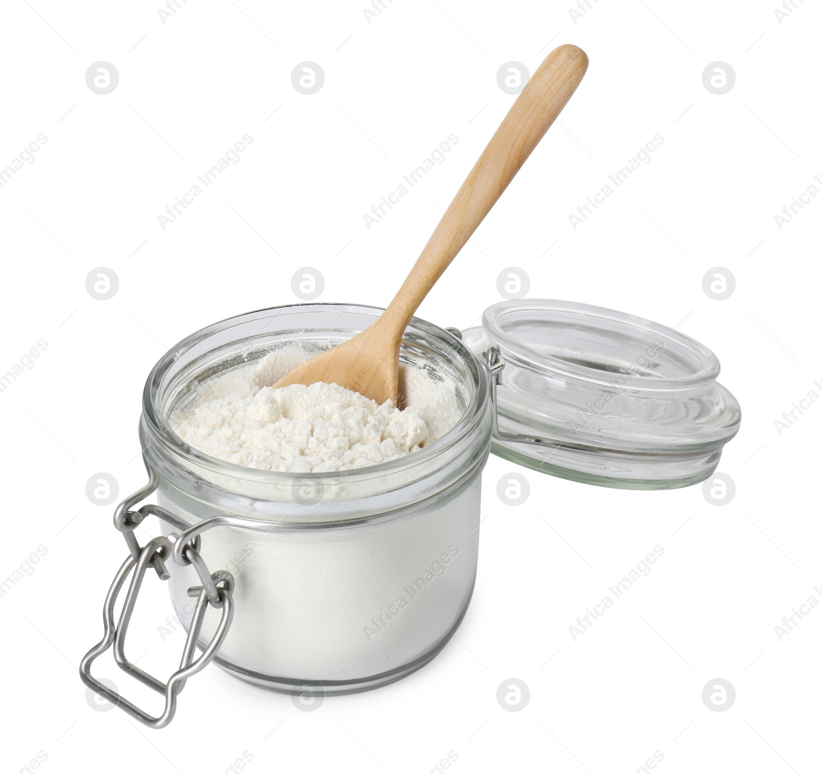 Photo of Baking powder in glass jar and spoon isolated on white