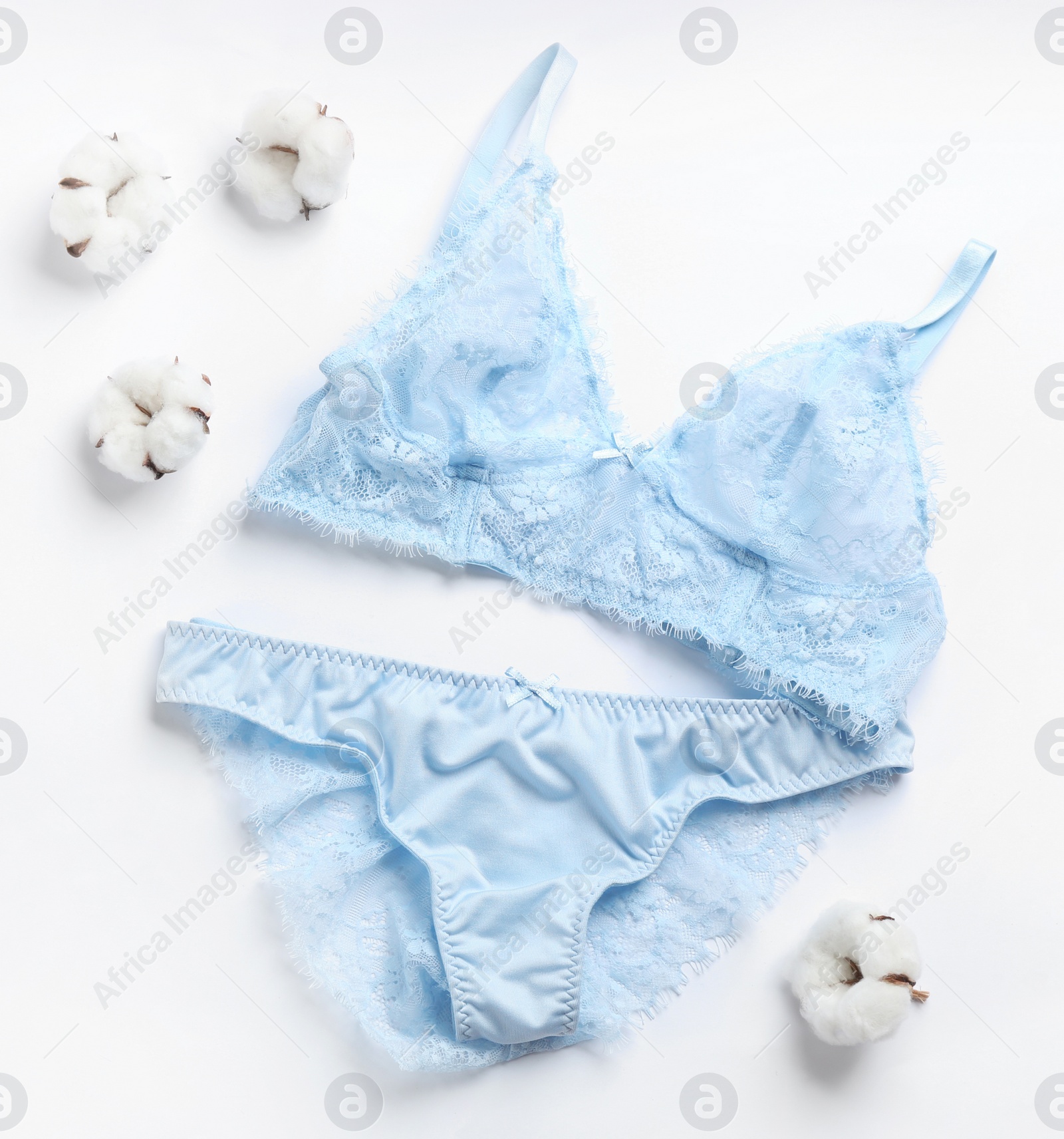 Photo of Sexy women's underwear and cotton flowers on white background, top view