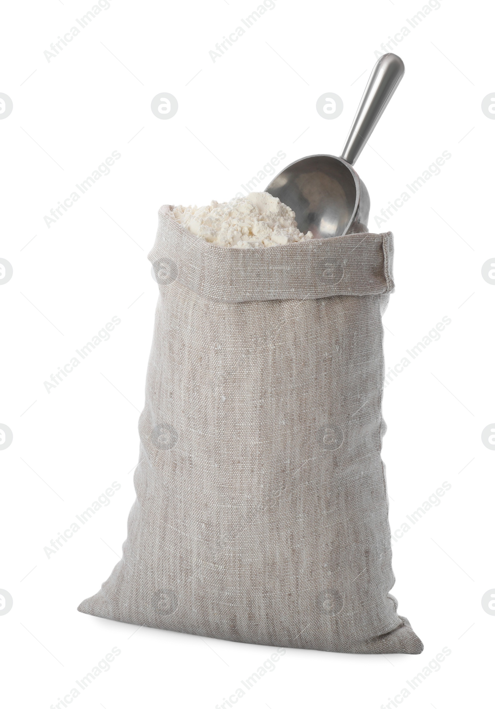 Photo of Sack with flour and scoop isolated on white