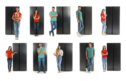 Collage of people near refrigerators on white background