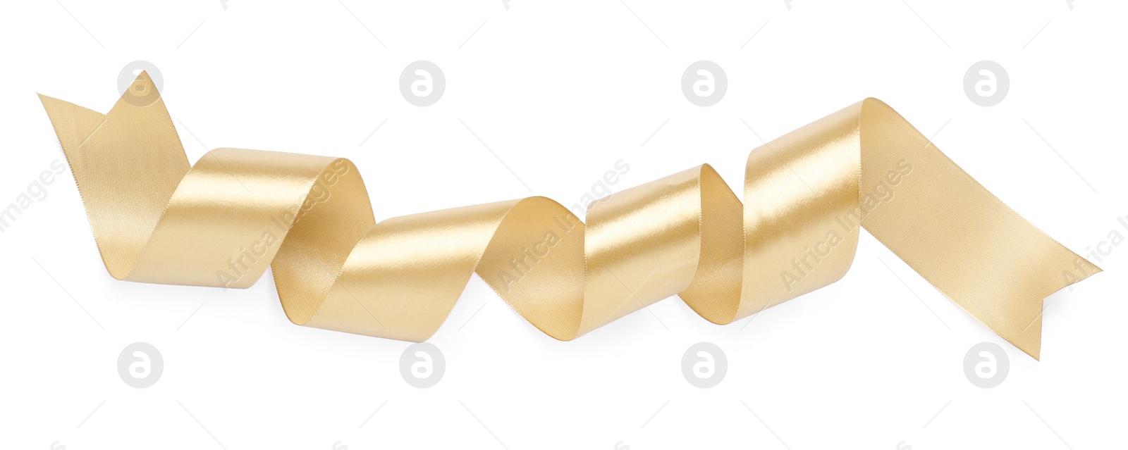 Photo of Beautiful golden ribbon isolated on white, top view