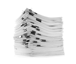 Photo of Stack of documents with binder clips on white white background
