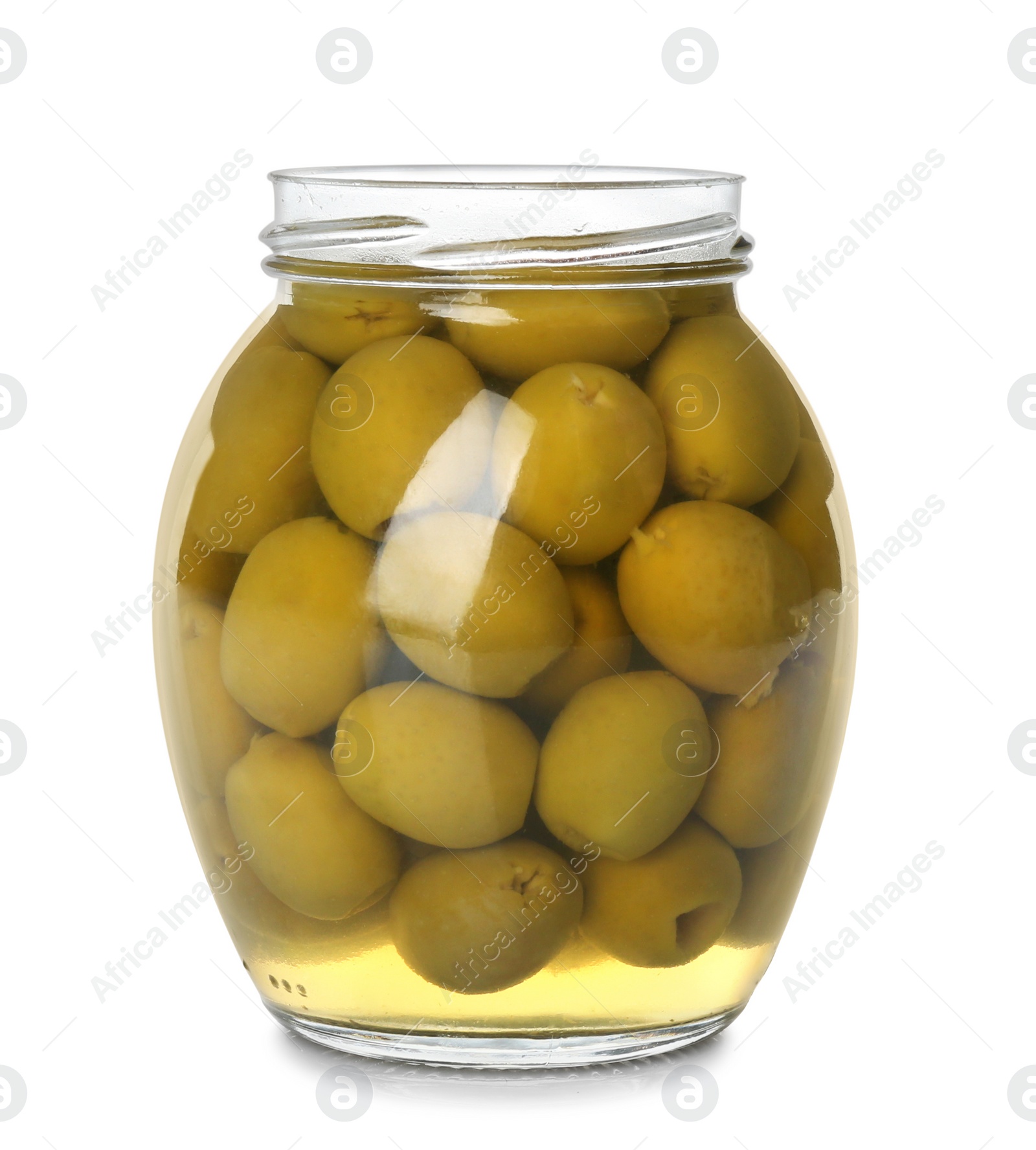 Photo of Jar of pickled olives isolated on white