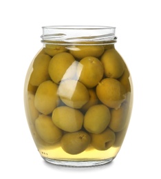 Photo of Jar of pickled olives isolated on white