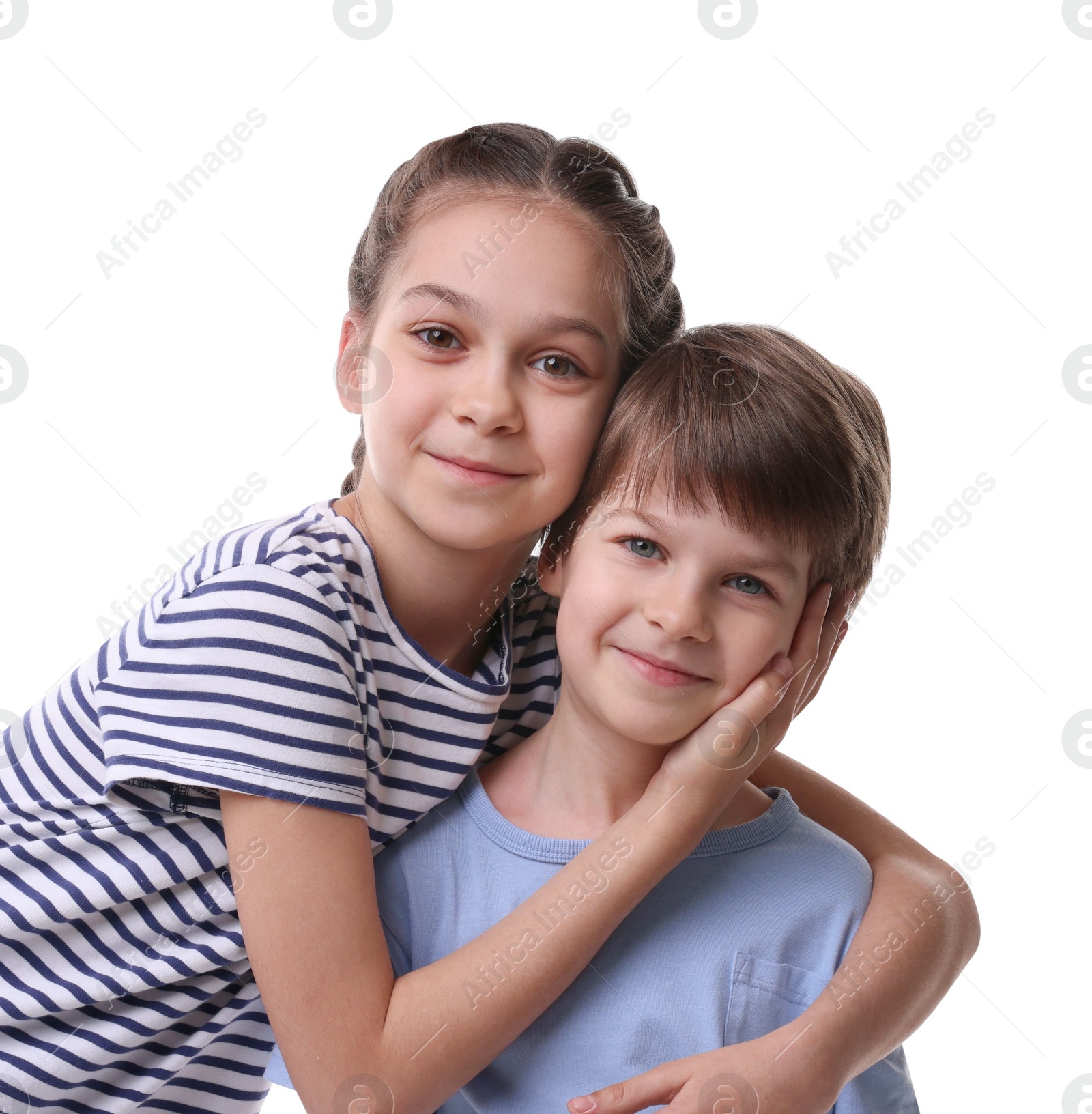 Photo of Happy brother and sister hugging on white background