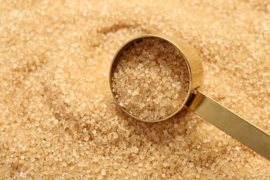 Scoop on granulated brown sugar, closeup view