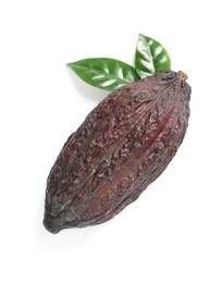 Photo of Cocoa pod and leaves on white background, top view