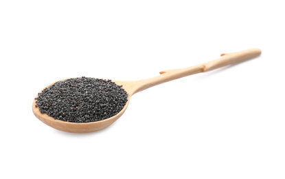 Photo of Spoon with poppy seeds isolated on white