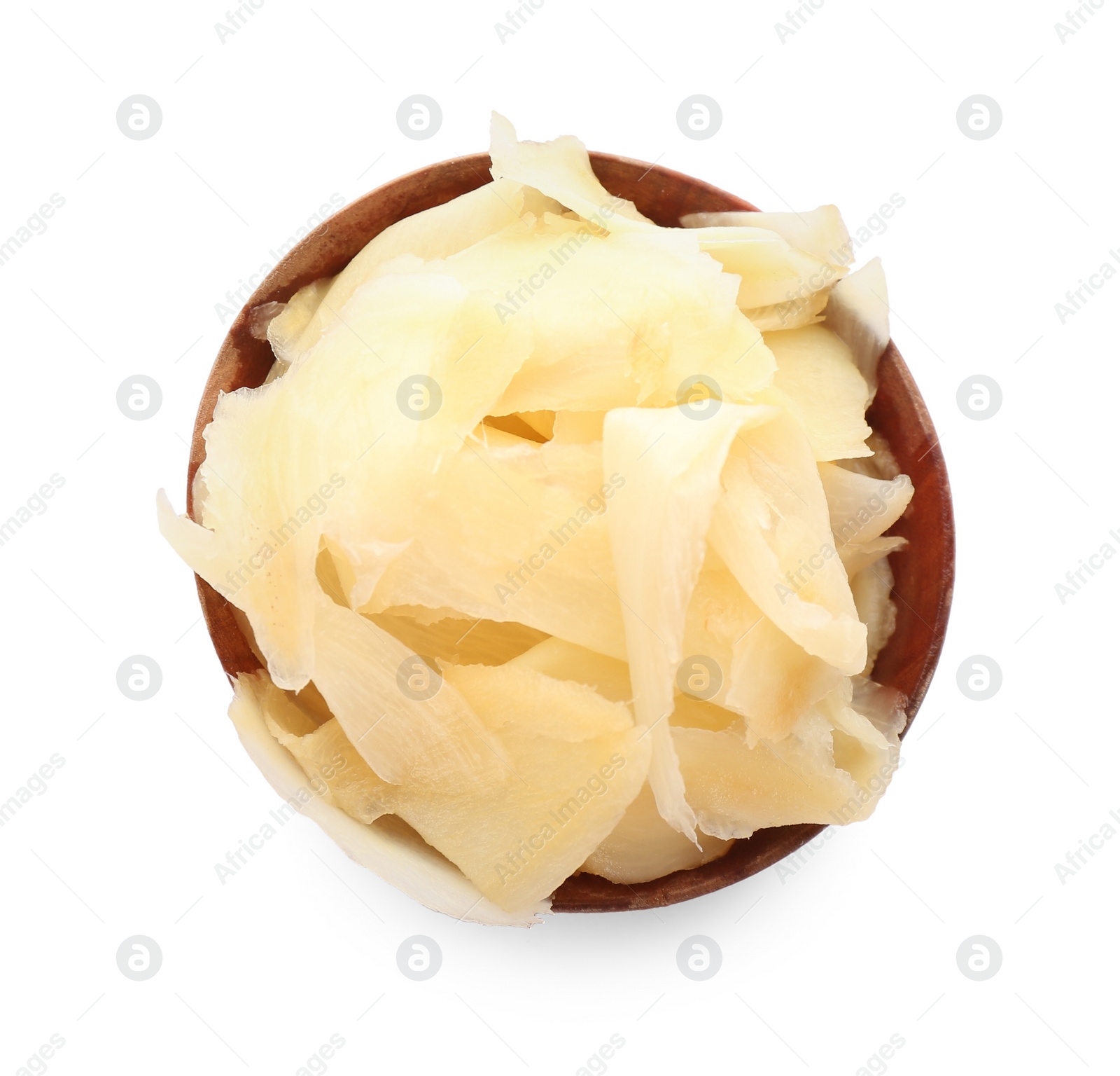 Photo of Pickled ginger in bowl isolated on white, top view